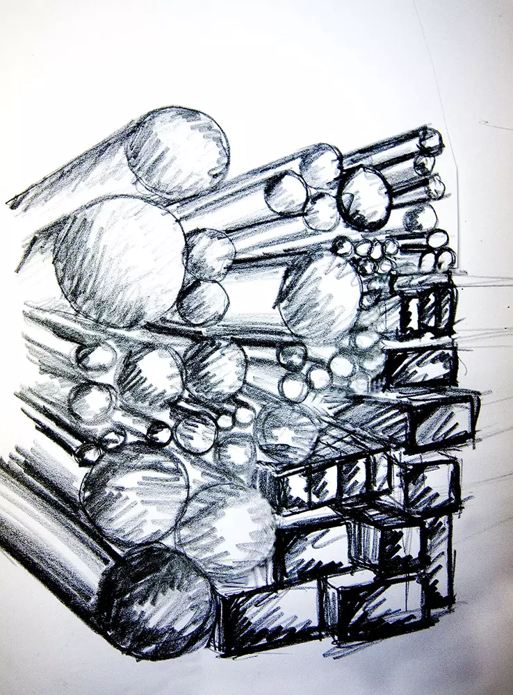 Ideenskizze für Foto-Arrangement mit gestapelten Stahlprofilen