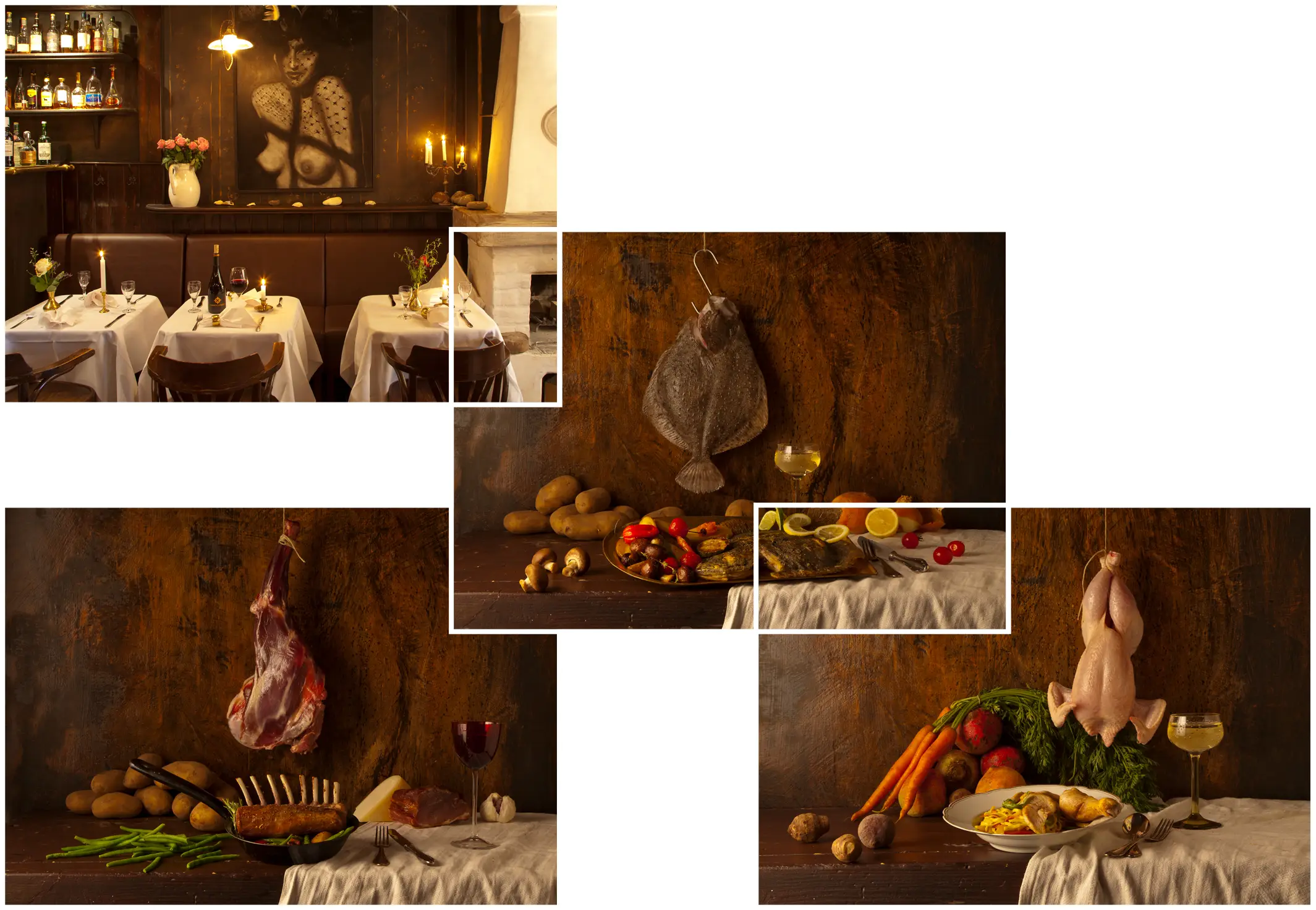Collage: Interieur „Zum Stromer“ und drei Menüfotos im Stil alter Meister – Fisch, Lamm, Pasta; Food-Konzept umgesetzt.