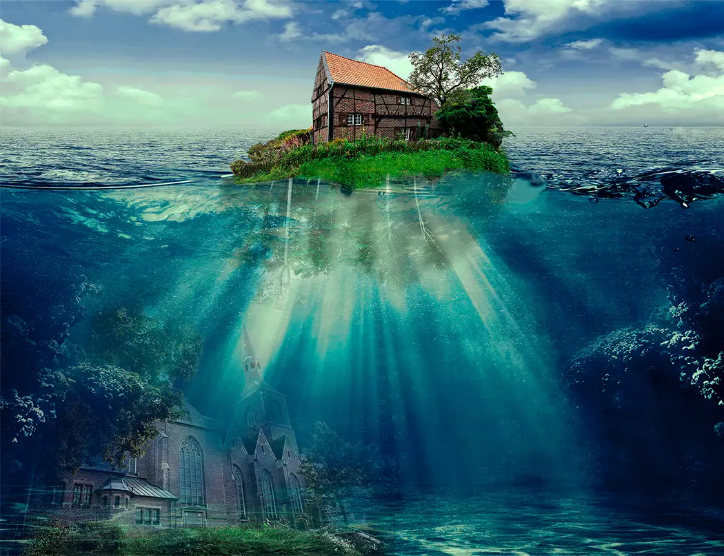 Surreales Composing: Haus auf Insel, unter Wasser eine Kirche - Vorschau Architekturgalerie.