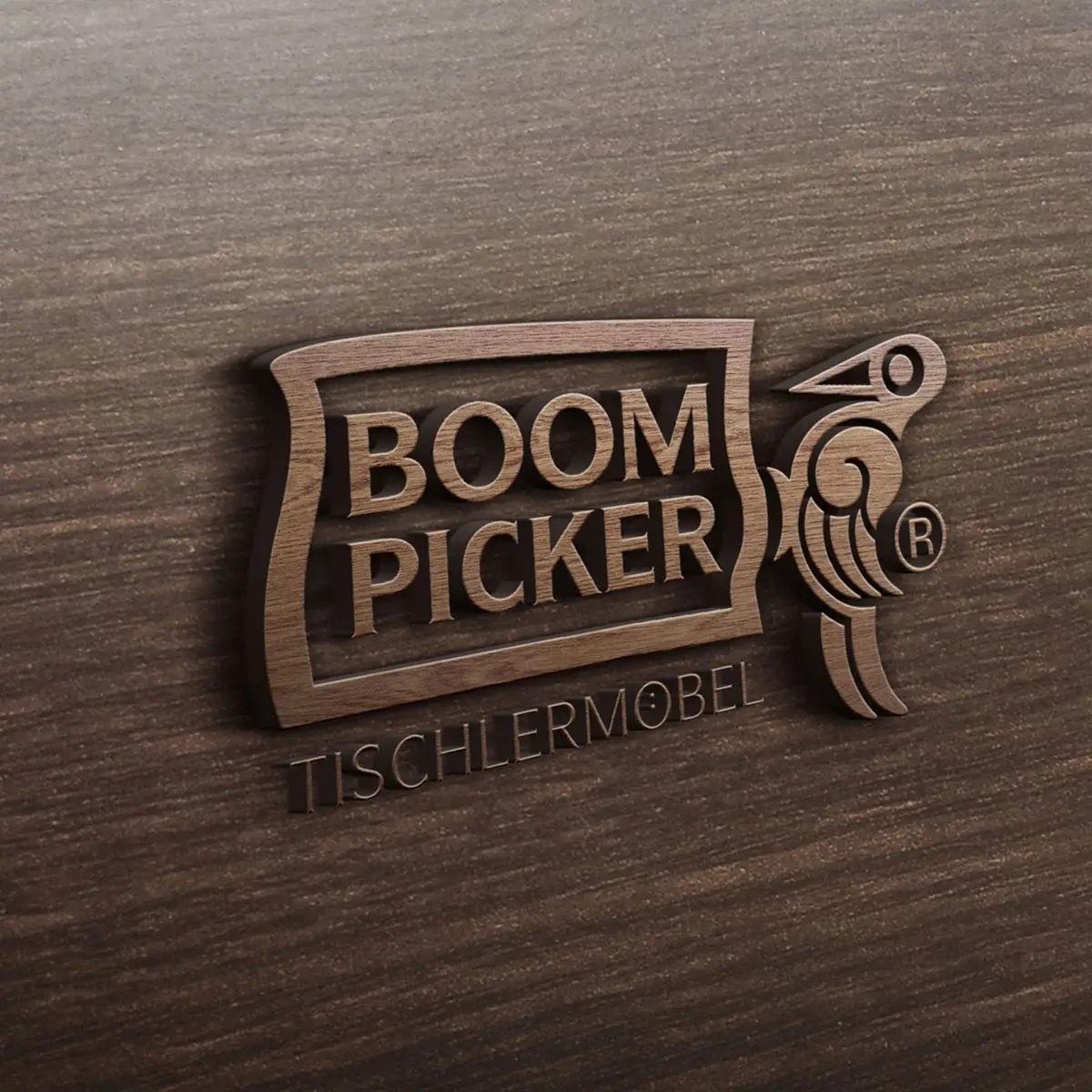 Boompicker – Intarsie/Logo am Möbelstück (Holz-Anwendung).