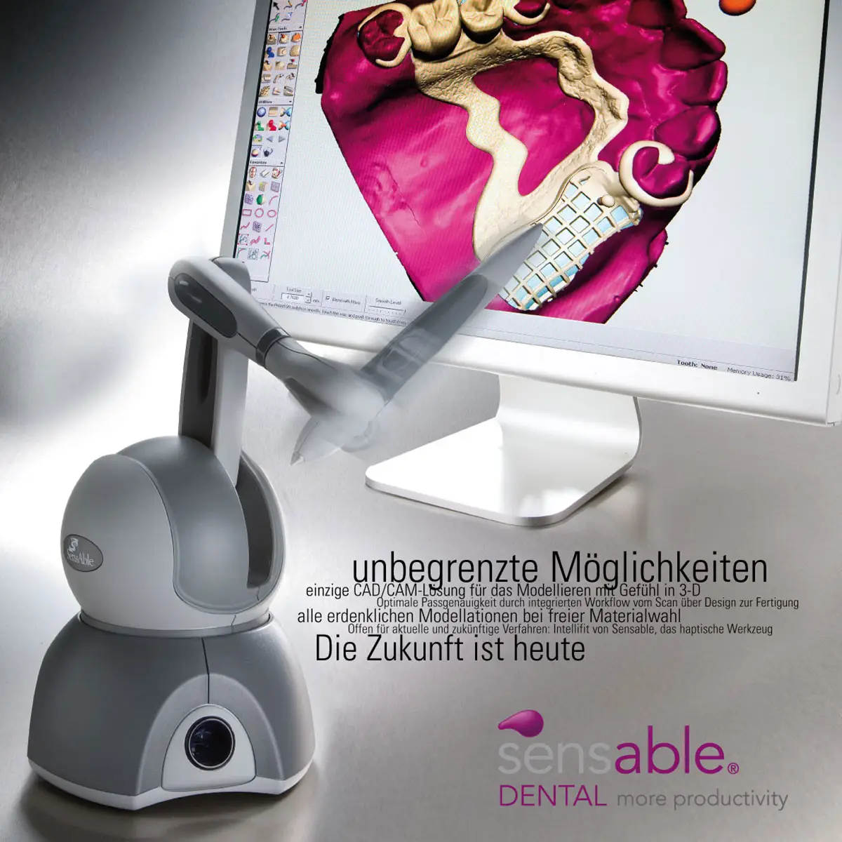 SensAble – Anzeigenmotiv: Haptikgerät & Dental-3D-Modellierung.