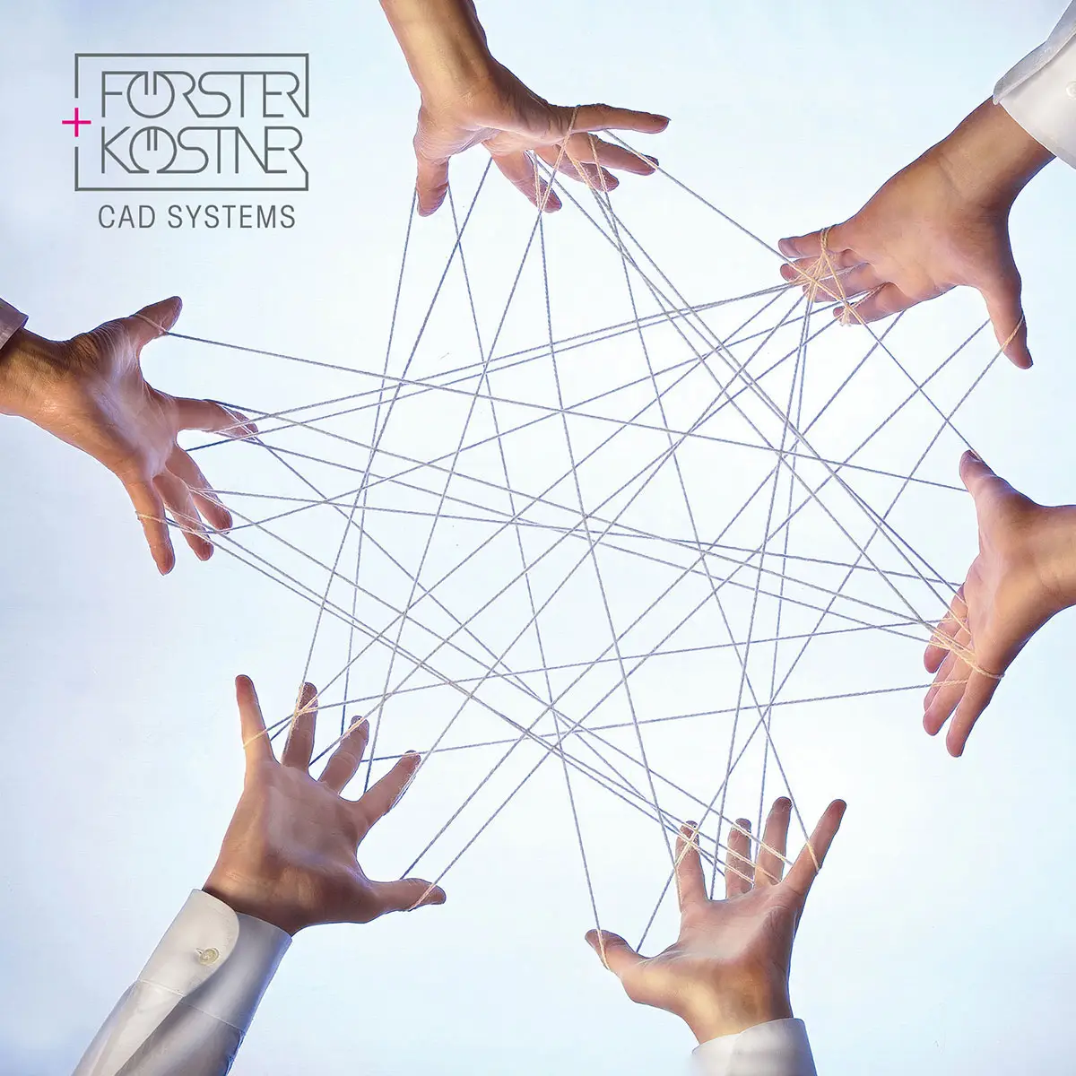 Förster + Köstner CAD SYSTEMS – Keyvisual mit Hand/Fäden (Vernetzung).