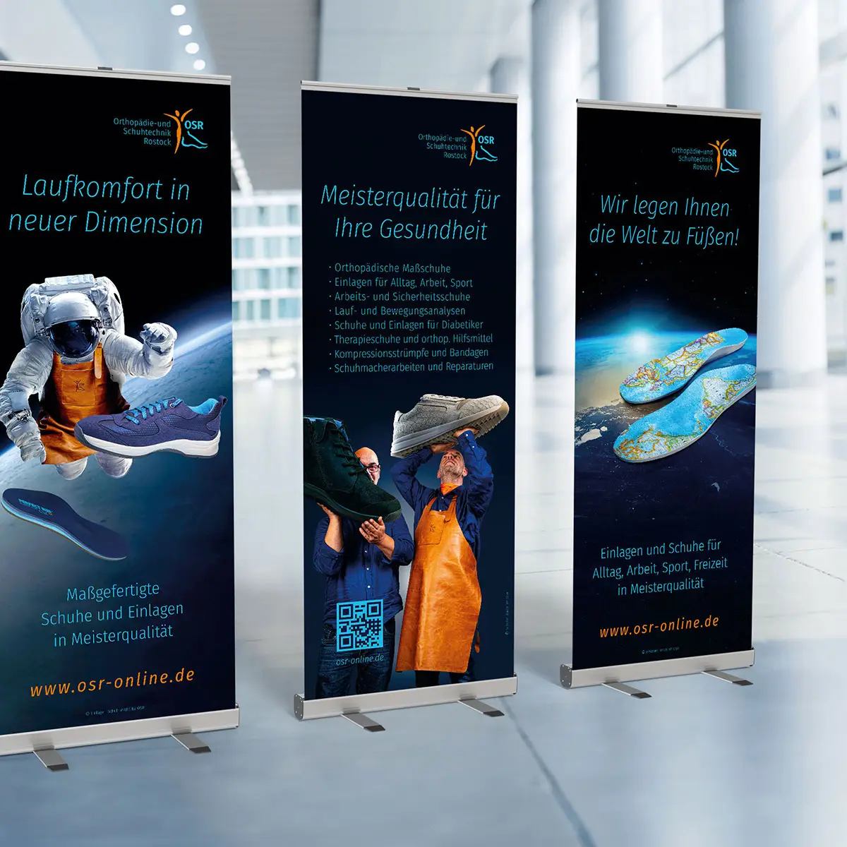 OSR – drei Roll-ups: Laufkomfort, Meisterqualität, »Wir legen Ihnen die Welt zu Füßen«
