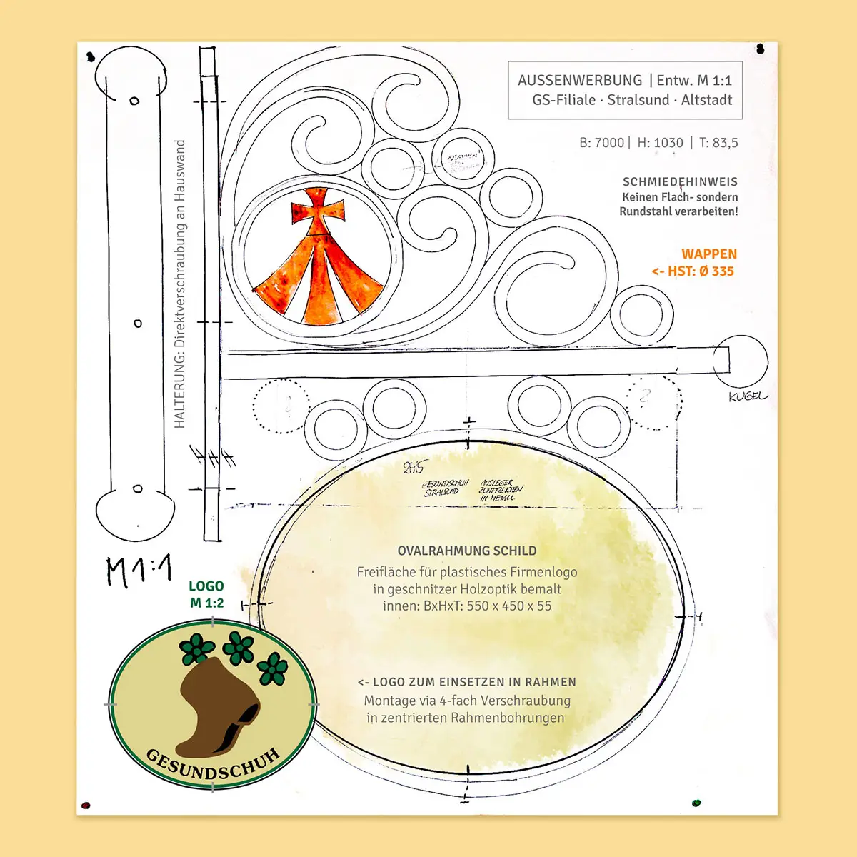 Gesundschuh – Entwurf Ausleger-Schild im historischen Schmiede-Look.