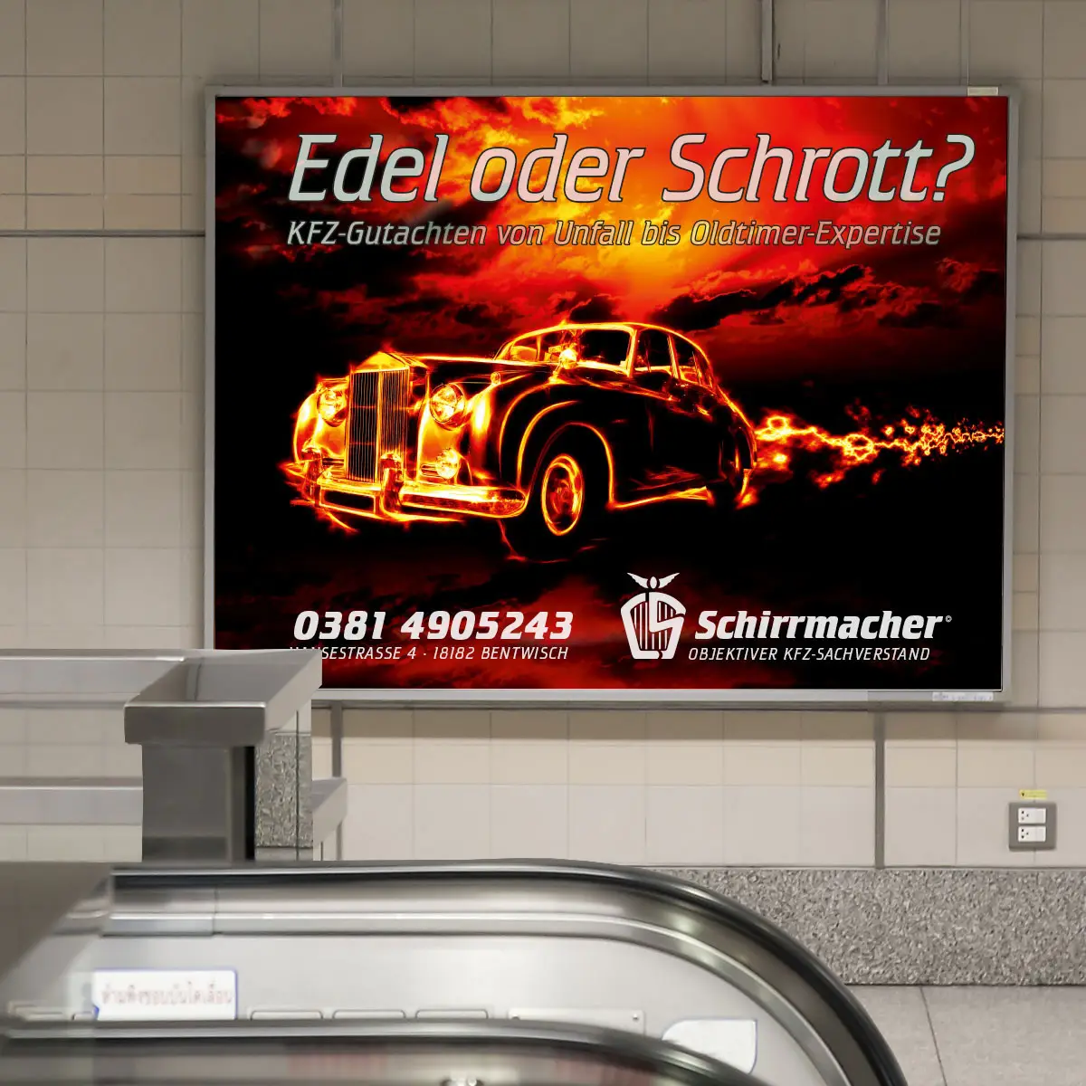 Schirrmacher – Großflächenplakat »Edel oder Schrott?« (KFZ-Gutachten).
