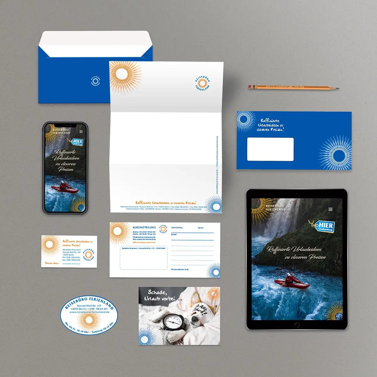 Reisebüro Ferienland – Corporate Design & Werbemittel, Slogan »Raffinierte Urlaubsideen«