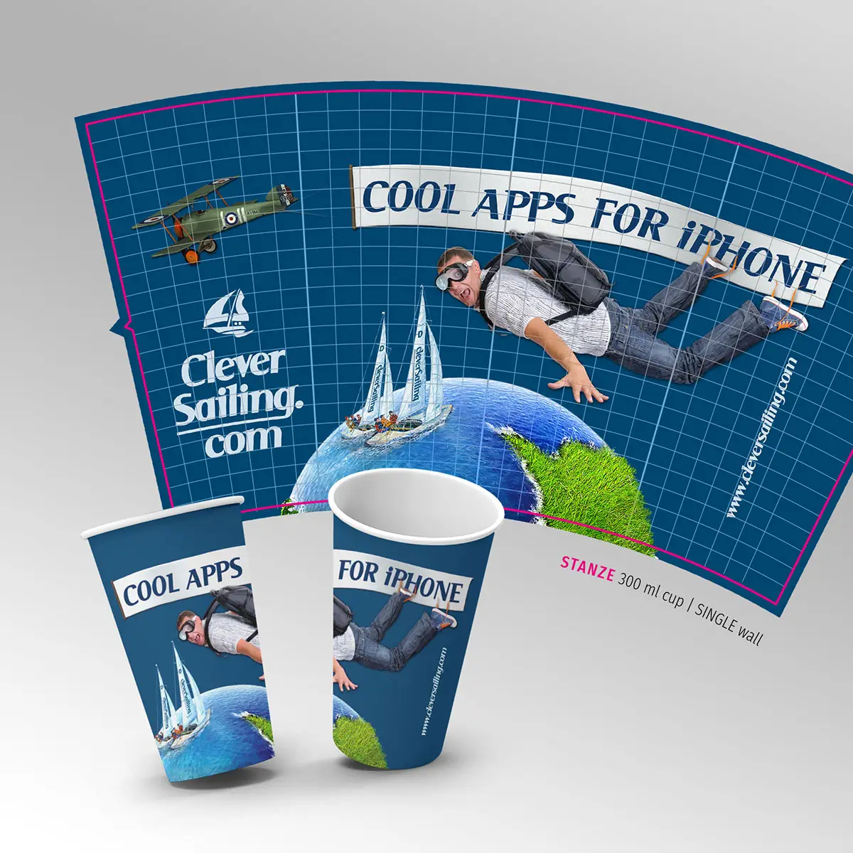 Cleversailing.com – Promo-Pappbecher & Anzeige »Cool Apps for iPhone«