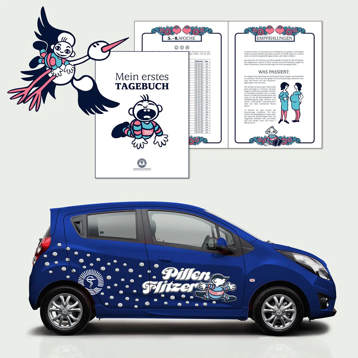Apotheke Offering – Broschüre »Mein erstes Tagebuch« & Pillen-Flitzer KFZ.