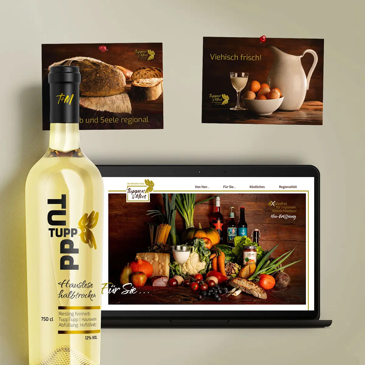 Regionale Genussmarke – Weinflasche, POS-Material & Website-Screen.