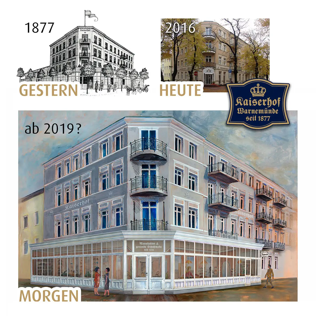 Kaiserhof Warnemünde – Immobilienmarketing: Gestern/Heute/Morgen Visual.