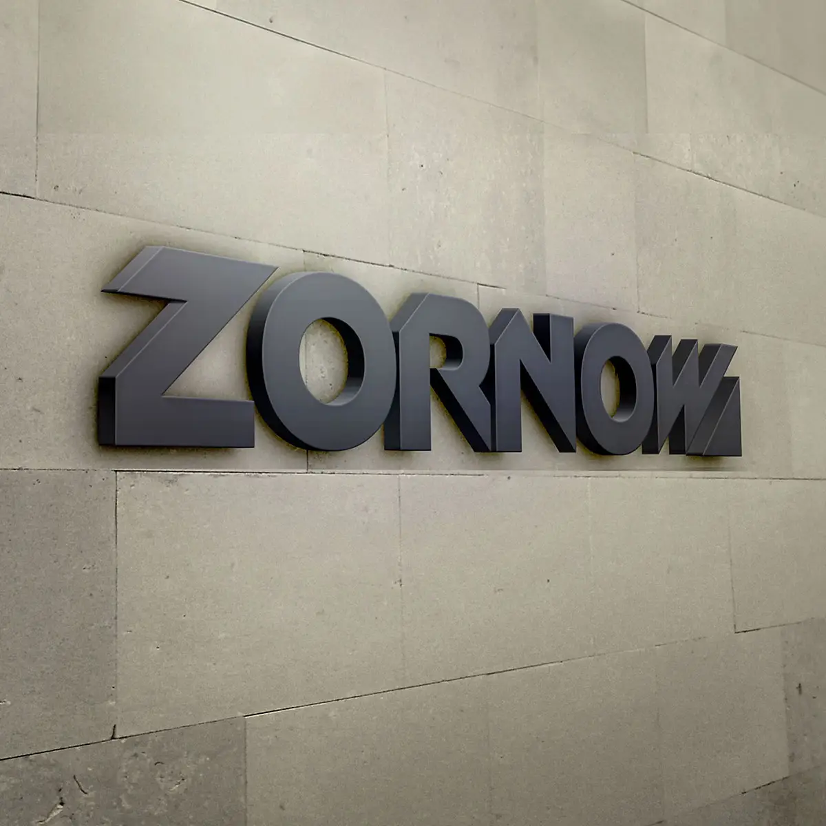ZORNOW – konturgeschnittene 3D-Fassadenbuchstaben an Steinwand.