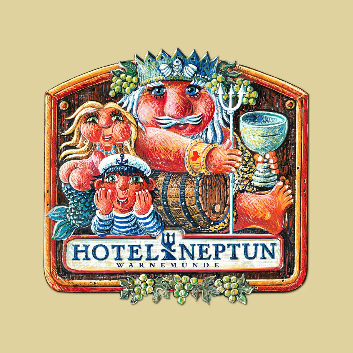 Hotel Neptun – handillustriertes Weinetikett mit Neptunfigur.
