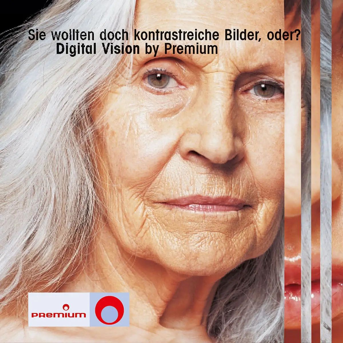 Anzeige »Digital Vision by Premium« – Gesichts-Halbierung als Kontrastvergleich.