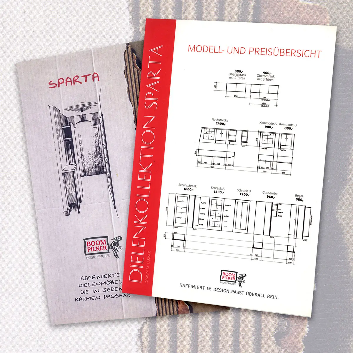 Boompicker – Möbelprospekt/Preisliste »Dielenkollektion Sparta« mit Maßskizzen.