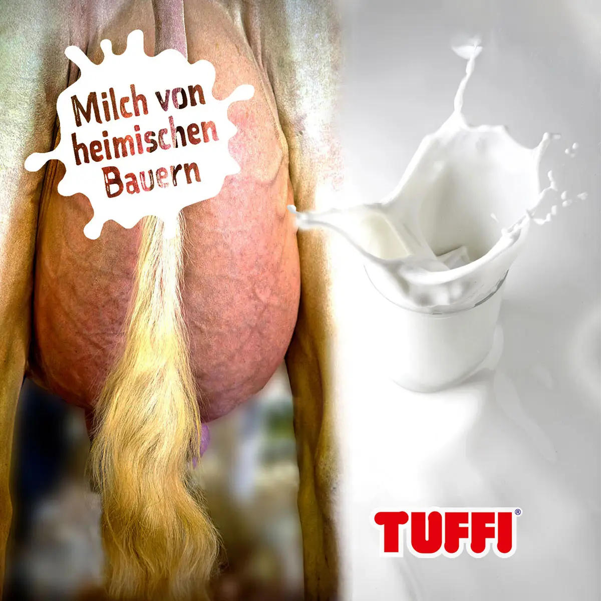 TUFFI Milch – Anzeige: Glas Milch & Kuh, Claim »Milch von heimischen Bauern«