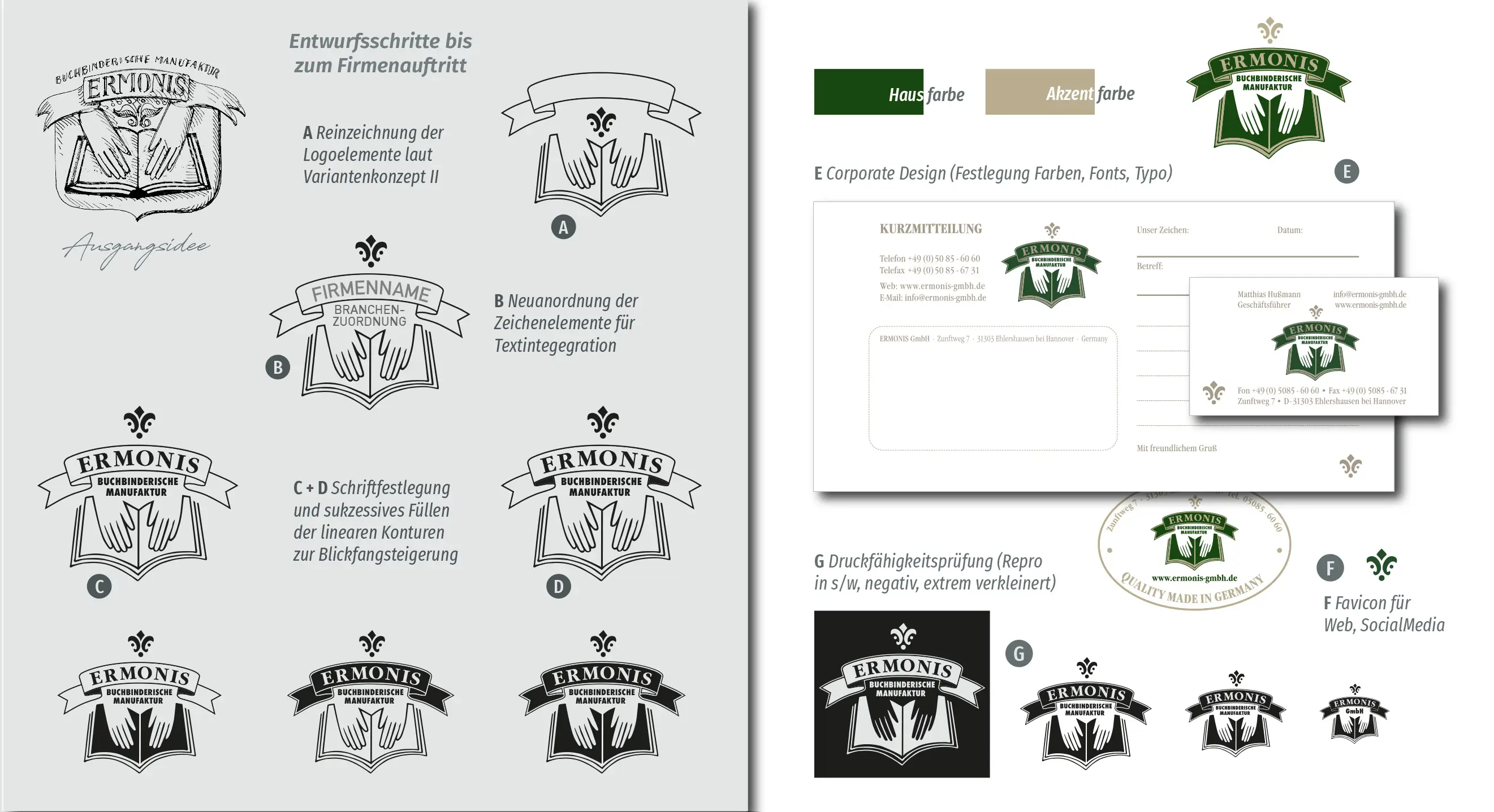 ERMONIS Logoentwicklung: Reinzeichnung, Typografie, Farben, Favicon und Druckcheck.