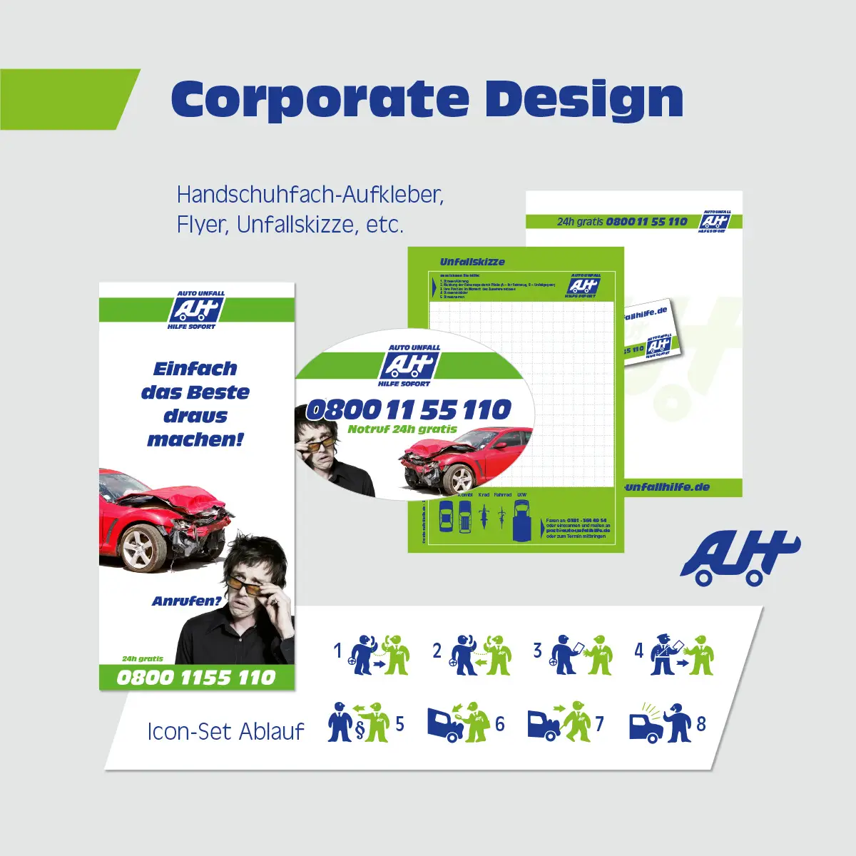 Flipbook Medien – Handschuhfach-Aufkleber, Flyer, Unfallskizze & Icons.