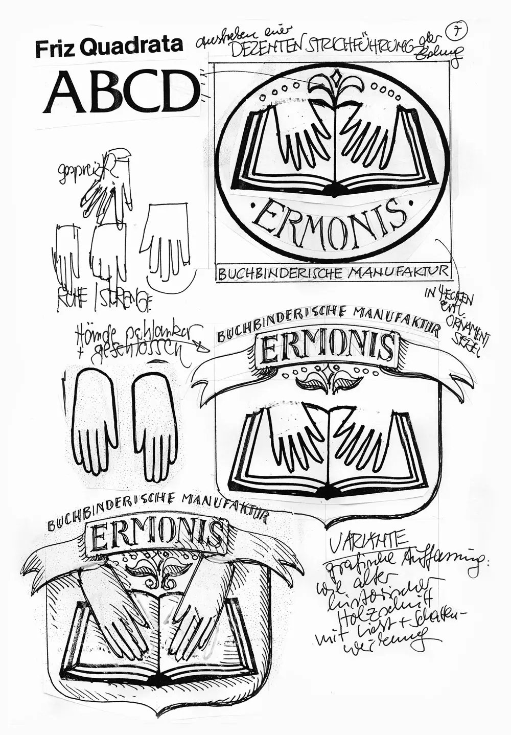 ERMONIS Logo-Skizze 07 – Buchseiten, Monogramm-Studien.