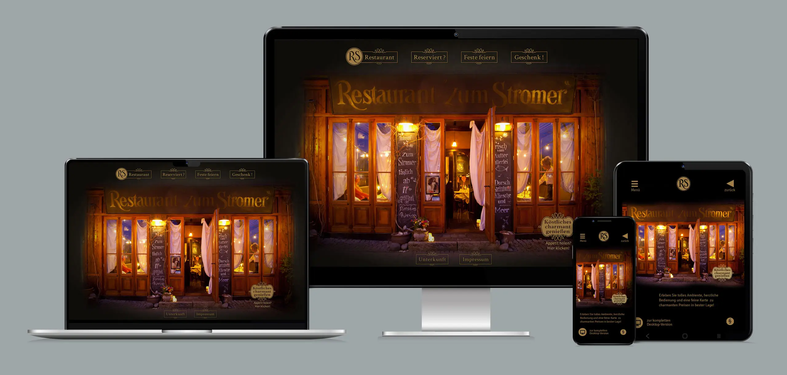 Responsive Website ‚Zum Stromer‘ auf Desktop, Laptop, Tablet und Smartphone – Reservieren, Feiern, Geschenk.