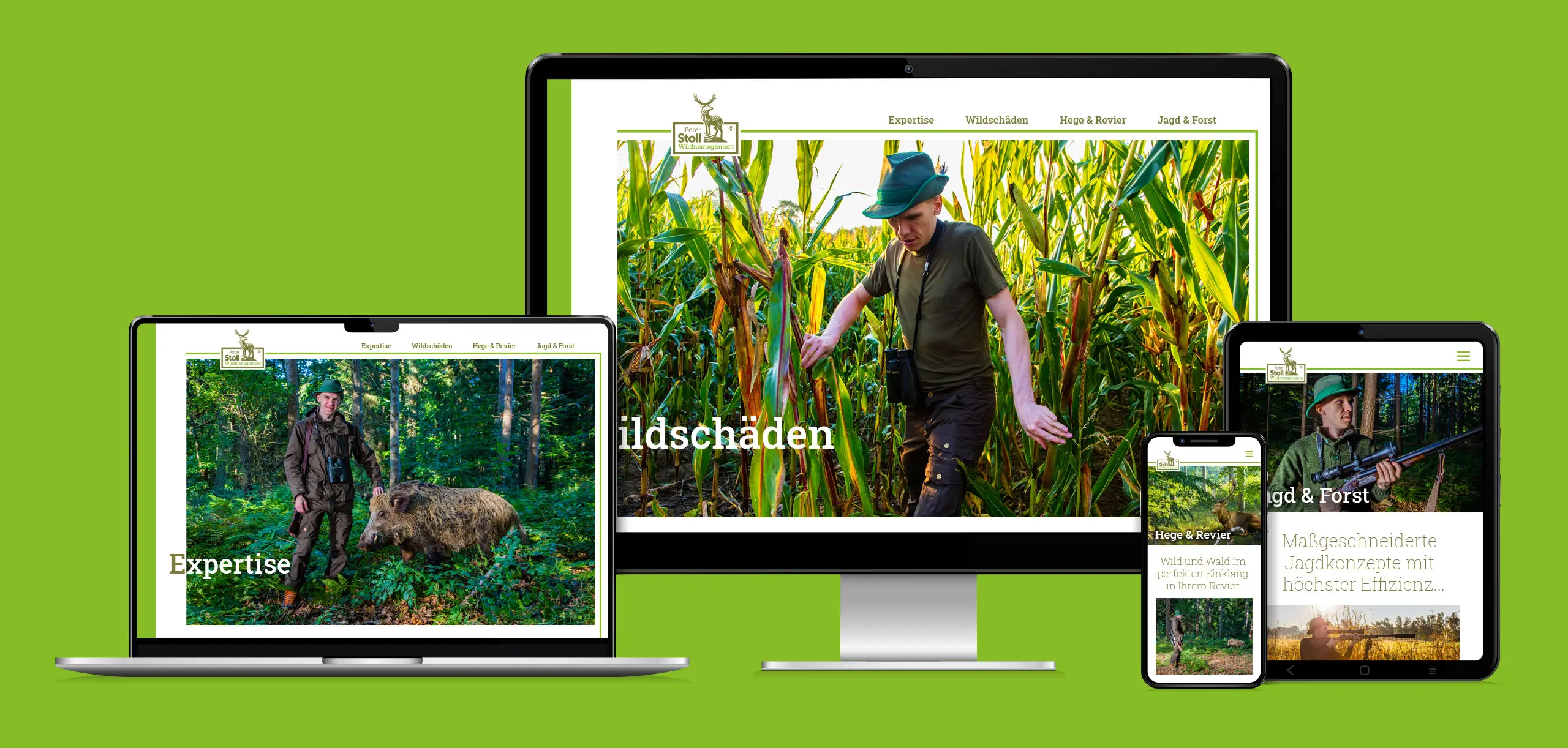 Responsive Website Wildmanagement Stoll auf Desktop, Tablet & Smartphone – Navigation: Expertise, Wildschäden, Hege & Revier, Jagd & Forst.