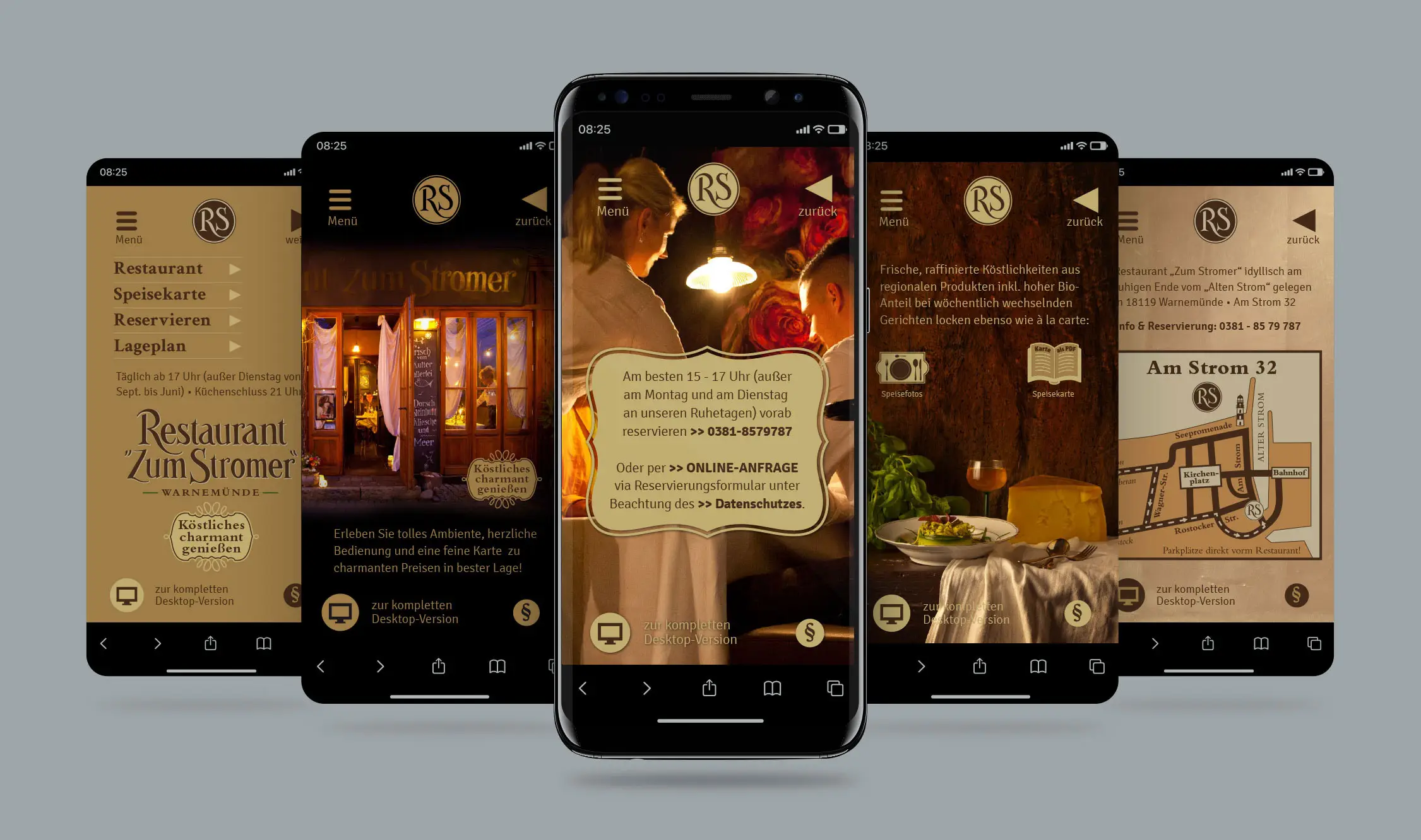 Smartphone-Ansichten ‚Zum Stromer‘: Start, Über uns, Reservierung, Speisekarte, Lageplan.