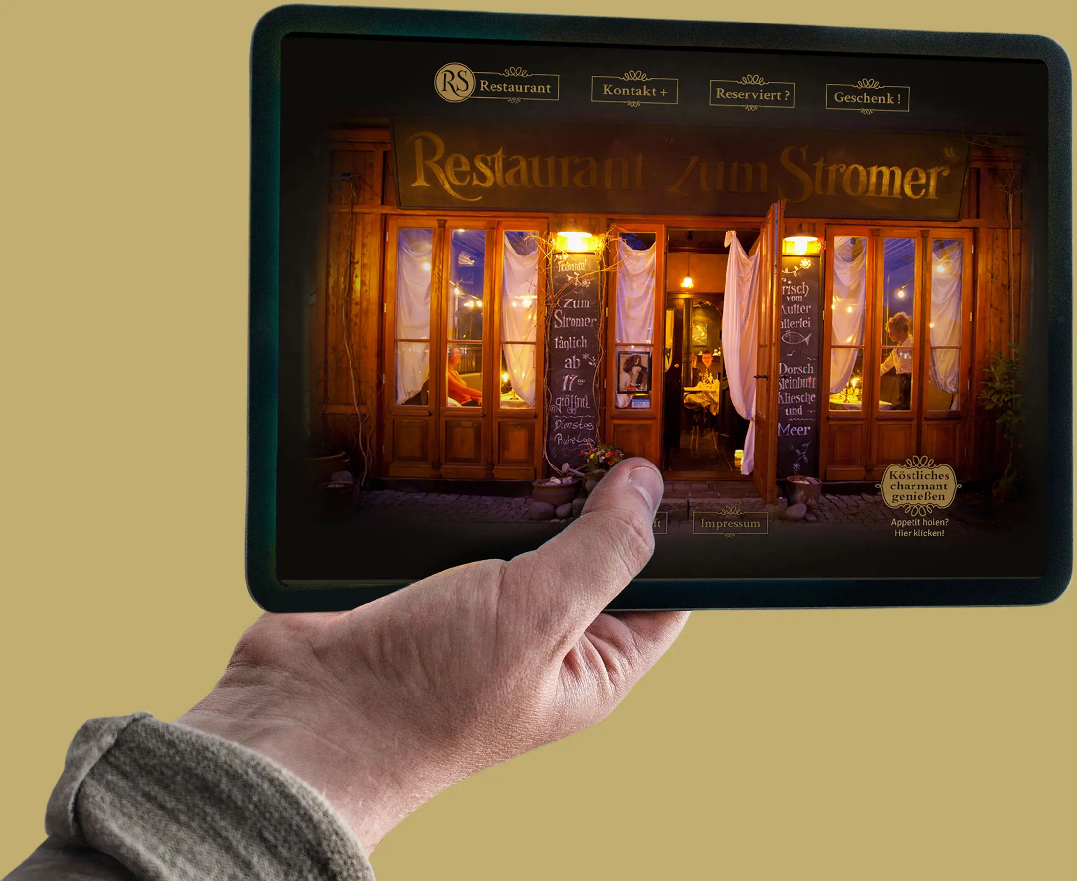Tablet-Ansicht ‚Zum Stromer‘: Öffnungszeiten, Fischspezialitäten, Call-to-Action ‚Appetit holen?‘.