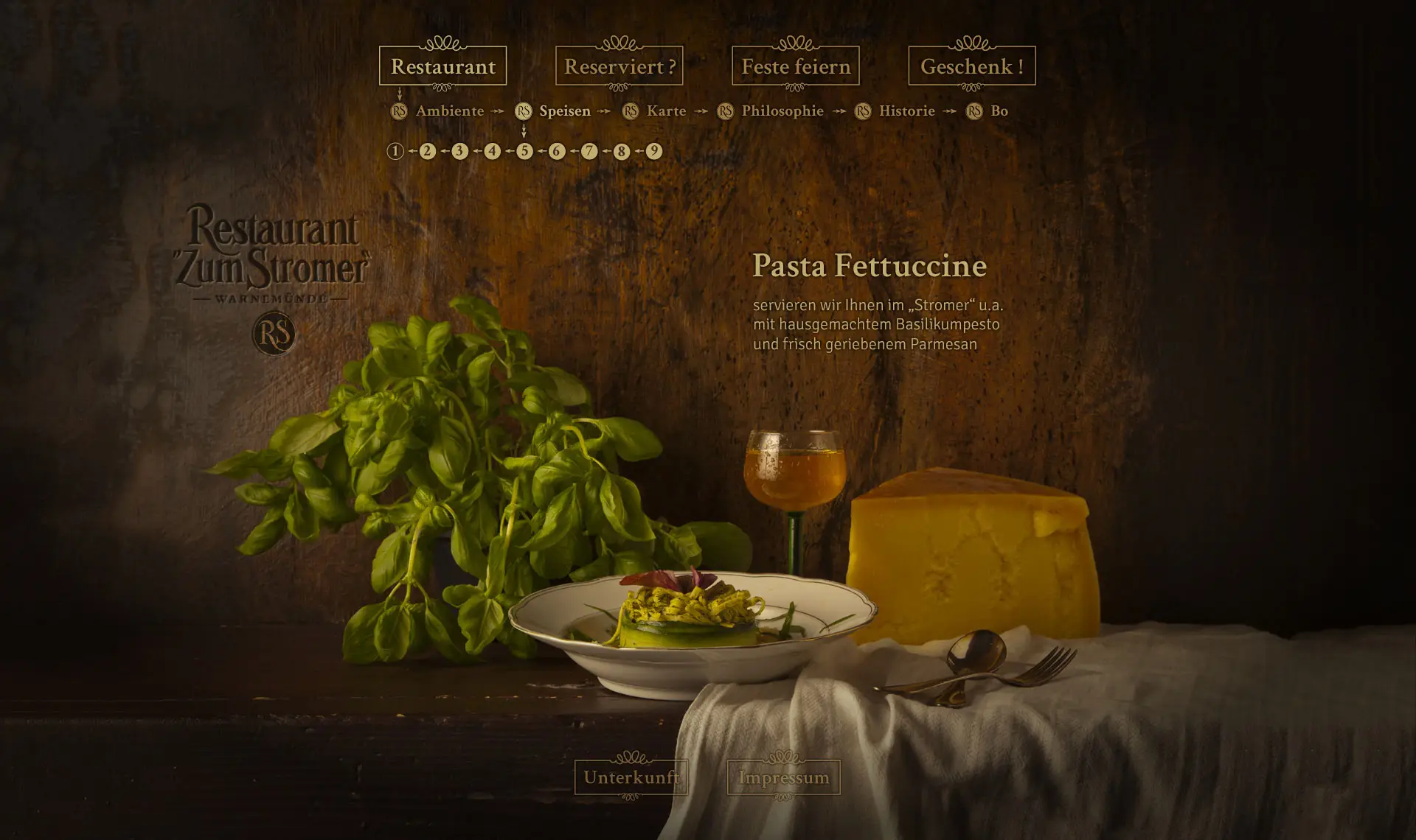 Startseite Stromer: Menü, Reservieren, Feste, Geschenke – Überblick über Bereiche & Karte.