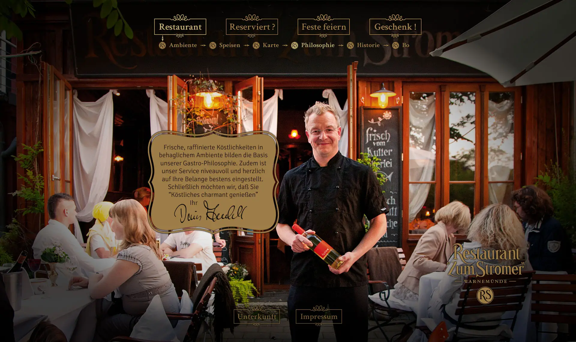 Philosophie & Service: frische, raffinierte Küche; Porträt Denis Arnhold; Navigationsmodule.