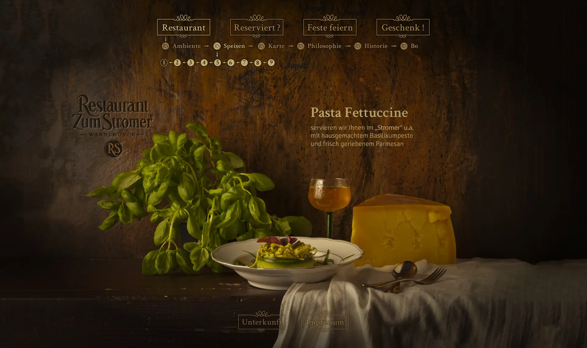 Fettuccine mit Basilikumpesto & Parmesan – Start-/Speisenseite des ‚Stromer‘.