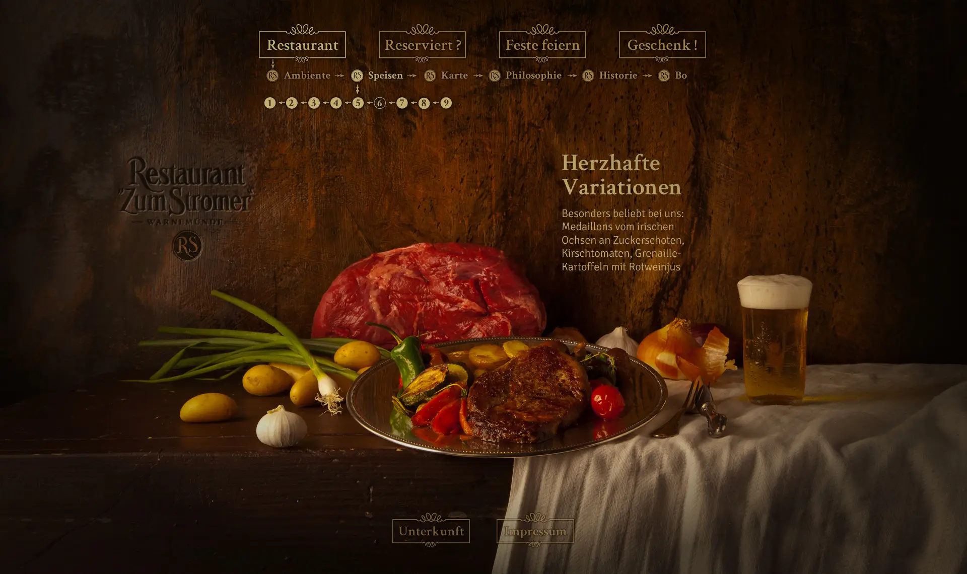 Medaillons vom irischen Ochsen mit Zuckerschoten & Rotweinjus – Speisenseite ‚Herzhafte Variationen‘.