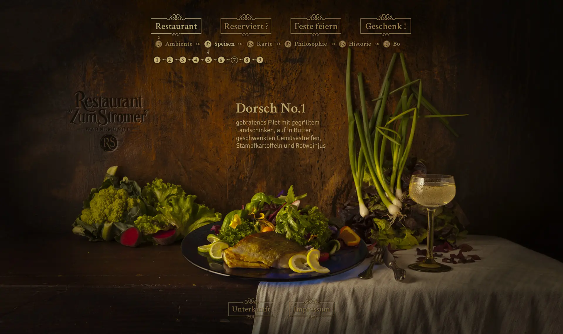 Fischgericht ‚Dorsch No.1‘ mit Gemüse & Kartoffeln – Speisenseite im Stillleben-Stil.