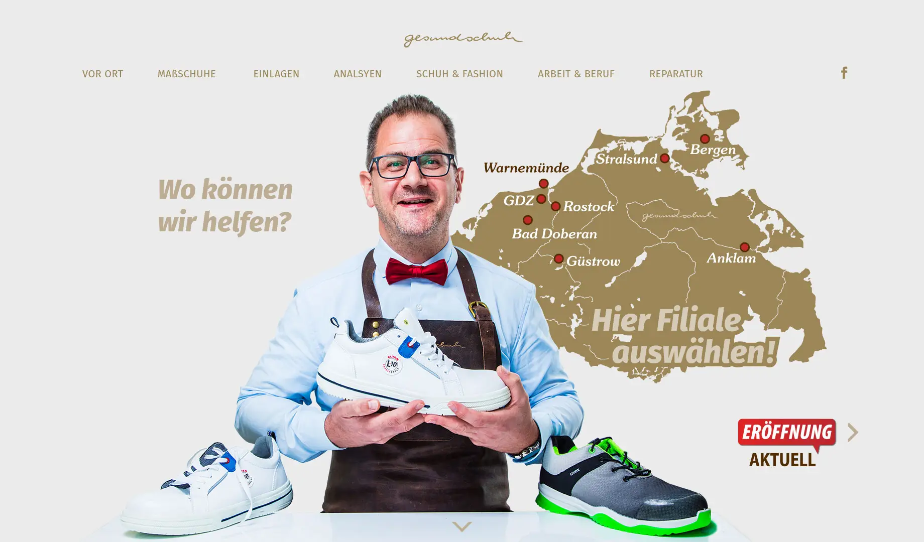 Startseite ‚Gesundschuh‘: Leistungen & Filialauswahl auf Karte – „Wo können wir helfen?“