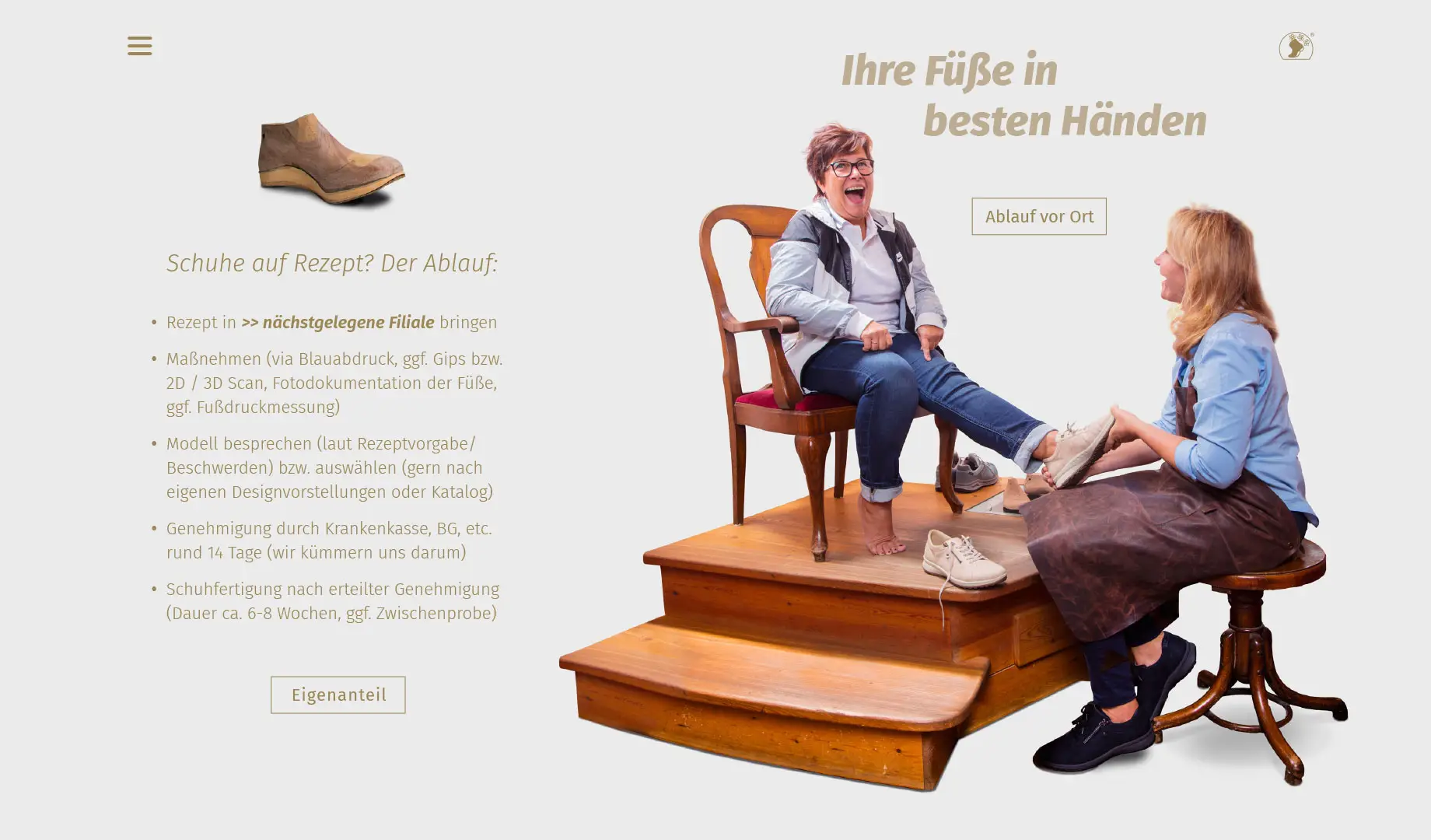 Schuhe auf Rezept: Maßnehmen, Modellwahl & Genehmigung; Fertigung ca. 6–8 Wochen.