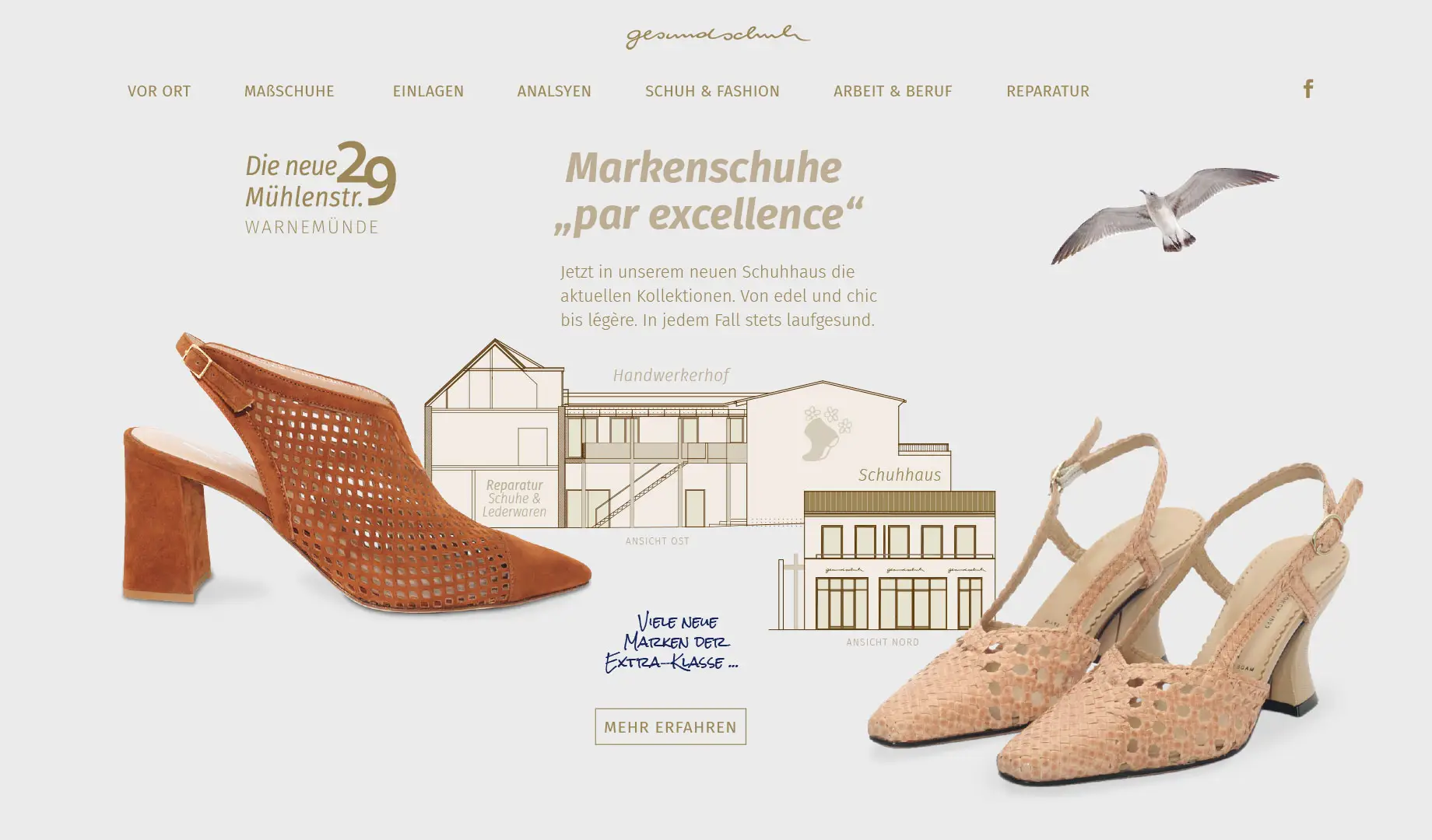 Eröffnung Warnemünde, Mühlenstraße 29 – Überblick Leistungen & Marken; „Mehr erfahren“.