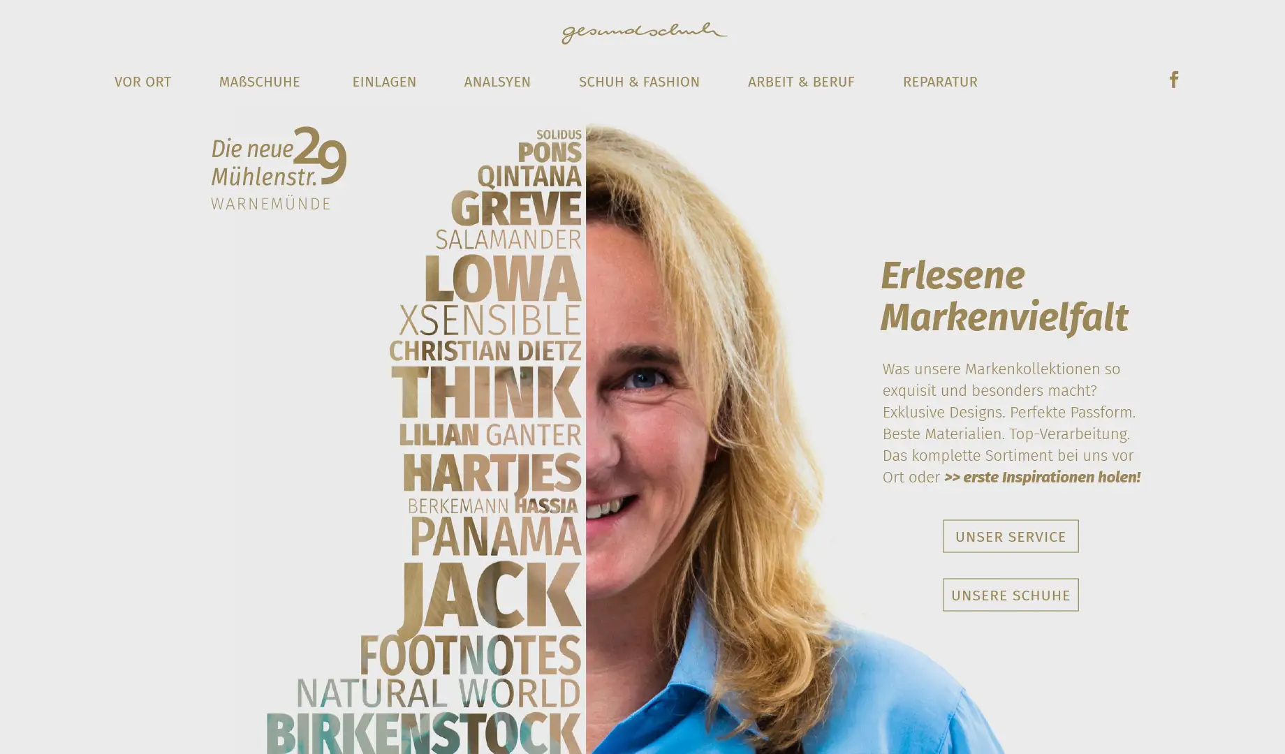 Erlesene Markenvielfalt – Service & Schuhe; Call-to-Action zu Sortiment & Inspiration.