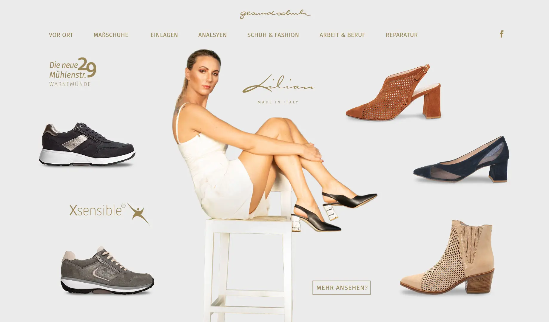 Damen-Kollektionen – Teaser mit Marken Lilian & Xsensible; Button „Mehr ansehen?“.
