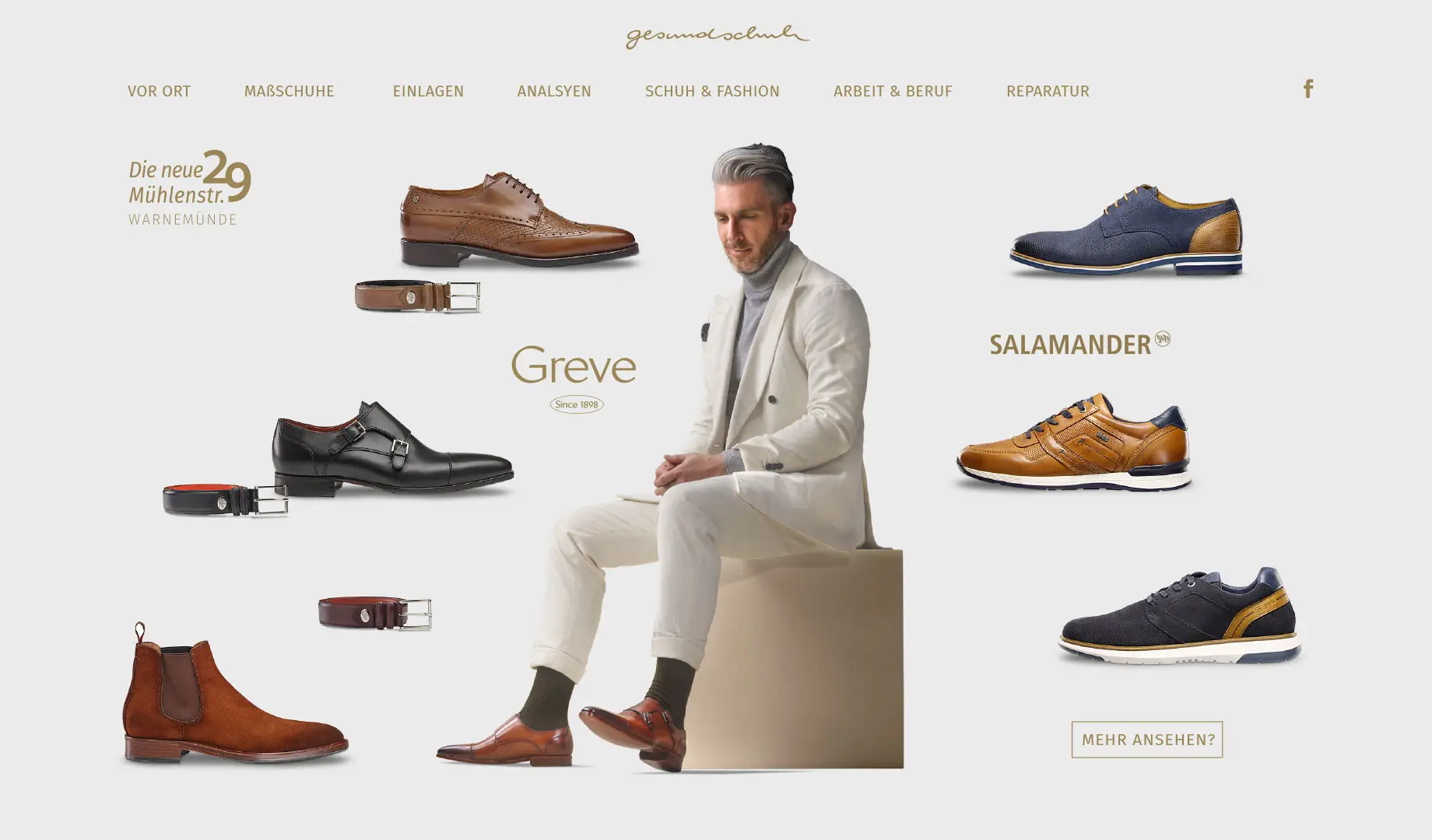 Herren-Kollektionen & Accessoires – Marken Greve & Salamander; Button „Mehr ansehen?“.