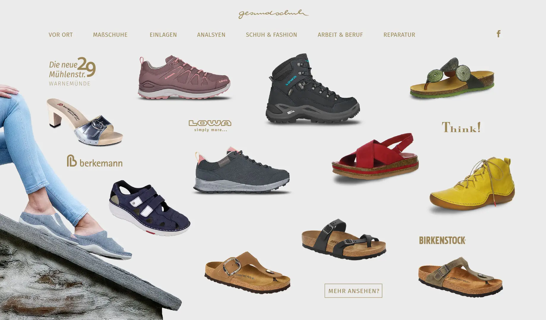 Schuhauswahl von Berkemann, Lowa, Birkenstock – Button „Mehr ansehen?“.